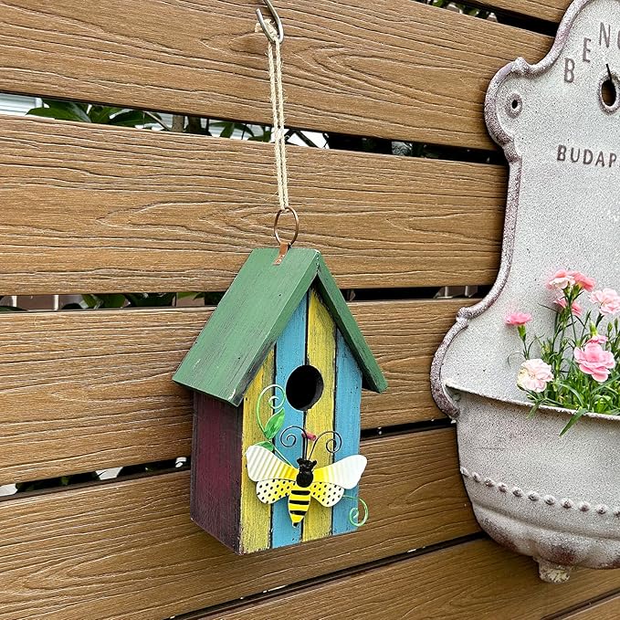 Morning View Bird Houses for Outside Decorative Nest Box Wooden Birdhouse Hanging Spring for Yard Garden Patio Outdoor Small Birds Bluebird Finch Cardinals Wren 9.35 Inch Tall (Light Blue)