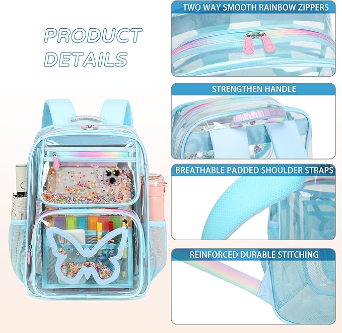 Clear Backpack for School,Large Bookbag Heavy Duty See Through Butterfly Backpacks for Girls Stadium Approved Daypack Transparent Shoulder Bags for Students,Teens,Women,Work,Travel,Concert Blue