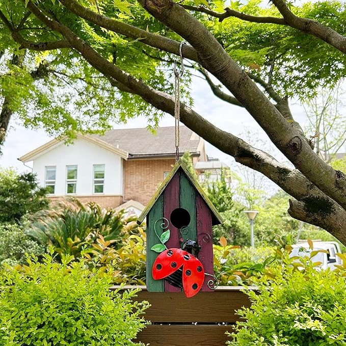 Morning View Bird Houses for Outside Decorative Nest Box Wooden Birdhouse Hanging Spring for Yard Garden Patio Outdoor Small Birds Bluebird Finch Cardinals Wren 9.35 Inch Tall (Red)