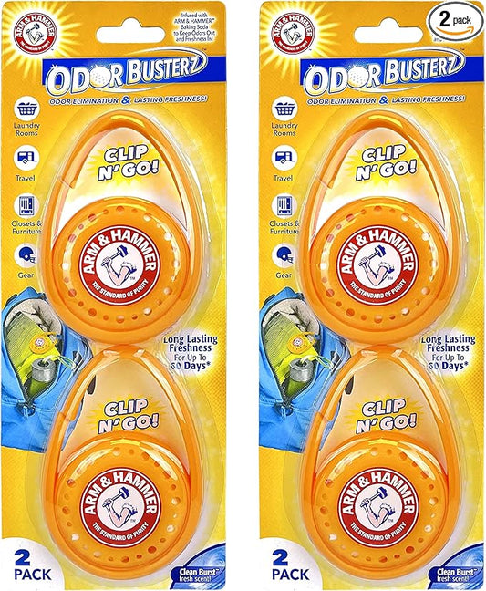 Arm & Hammer OdorBusterz ClipMATE™, Clean Burst, 4 Count – Clip-On Odor Absorber with Baking Soda, Carabiner Clip for Gym Bags, Backpacks & Travel Gear