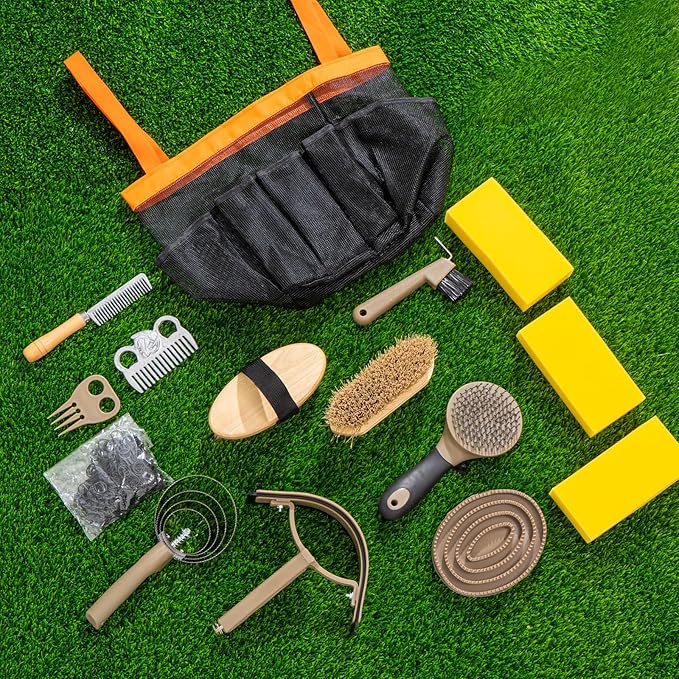 Uross Horse Grooming Kit 15PCS - Horse Brush Set with Organizer Tote Bag Care Cleaning Kit with Brush & Comb, Professional Equine Coat Care Gifts for Horseriders Beginner