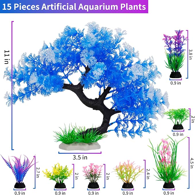 MyLifeUNIT Fish Tank Decorations, 15 Pack Artificial Aquarium Plants Tree Set for Fish Tank Decor (Bule Set)