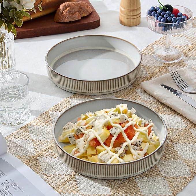 E-far Pasta Bowls Set of 6, 35oz Large Salad Bowl Plate for Dinner Serving, Wide & Shallow Ceramic Stoneware Pasta Plates, Microwave & Dishwasher Safe, Reactive Glaze Textured Stripes, Creamy Beige