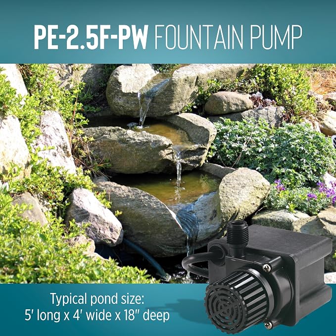 Little Giant PE-2.5F-PW, 115V, 475 GPH Small Submersible Pump, 15' Cord | 1/28 HP, For Fountains/ Small Ponds/ Hydroponics/ Recirculation, Epoxy-coated Aluminum, Manual (no switch), 566612