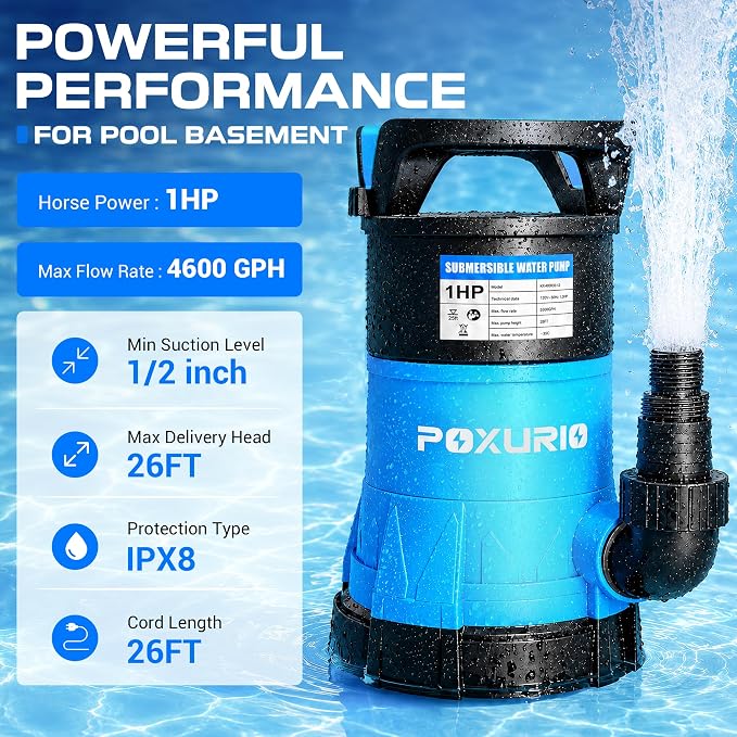 1HP Submersible Sump Pump, 5300GPH High Flow Dirty Clean Submersible Water Pump with Automatic Float Switch, 26FT Long Cord for Swimming Pool, Flooded Basement, Rooftop, Garden Water Removal