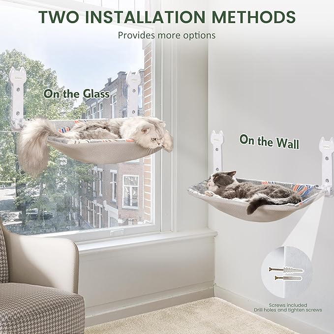 HiPetpy 2 Pack Cat Window Perch, Glow in The Dark Foldable Cat Hammock with Sunken Design & Removable Soft Cover, Breathable Cordless Window Bed for Resting Indoor Kitten (Shallow Perch, 2 Pack - L)