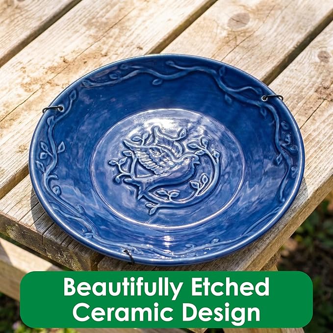 Blue Ceramic Bird Bath Bowl - Hanging Bird Baths for Outdoors - 12-Inch Glazed Ceramic Bowl with Embossed Bluebird & Flower Design - Metal Chain & Hook