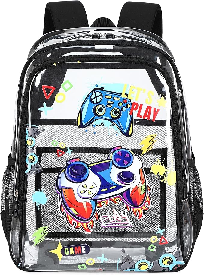 AO ALI VICTORY Clear Backpack for School,PVC Transparent Kids Bookbag for Girls Boys Cute Toddler Back Pack Kindergarten Elementary Schoolbag Stadium Approved See Through Backpacks,Black Gamer