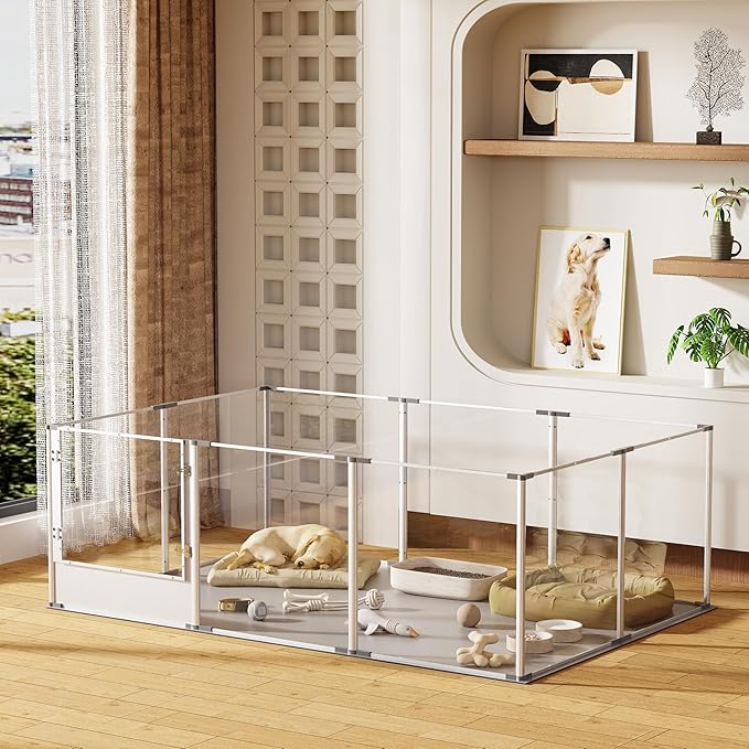BingoPaw Clear Dog Playpen Fence: 10Panels Indoor Transparent Whelping Box Pen Cage with Waterproof whelping pad - Extra Long Acrylic Exercise Kennel with Metal Frame for Doggy Bunny Small Animal