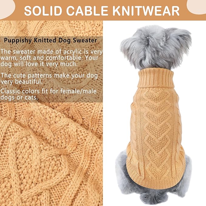 Dog Sweaters Small Dog Clothes for Winter Solid Knitted Puppy Sweater Warm Pet Cat Sweater Doggy Pullover Outfit with Heart-Shape Design(Light Brown, X-Small)