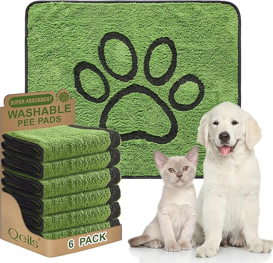 Qeils Reusable Dog Pee Pads, 6 Pack Super Absorbent & Leakproof Washable Puppy Pads with Soft Green Top Layer, for Potty Training, Crates, Couch, Car Seats & Pet Beds, 30"x 34"
