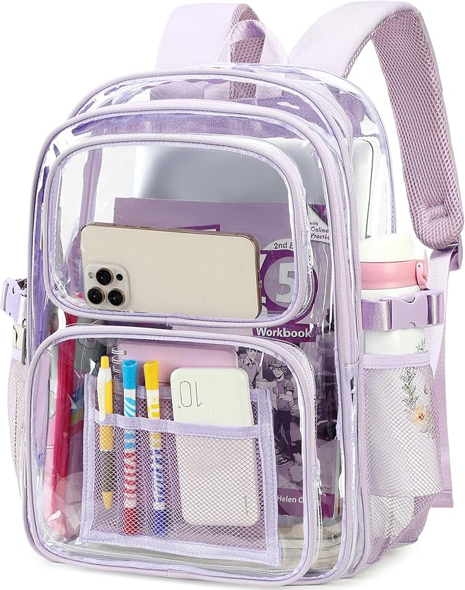 abshoo Large Heavy Duty Girls Clear Backpack for School Bookbag Transparent Multi Pocket Backpacks for Women (Light Purple)