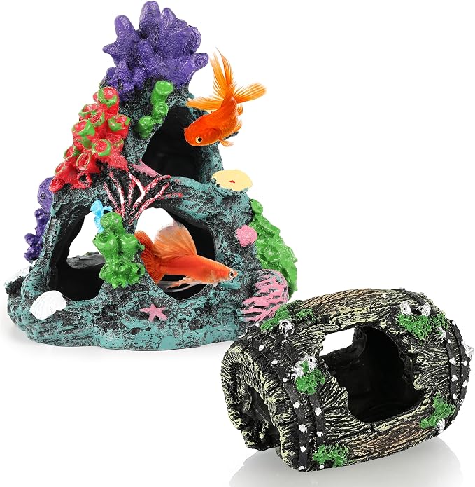 MyLifeUNIT Fish Tank Decor, 2 Pack Artificial Aquarium Coral Reef Rock Decorations for Betta, Goldfish to Breed, Play, Hide and Rest (Coral Reef Mountain+Vintage Wooden Barrel)