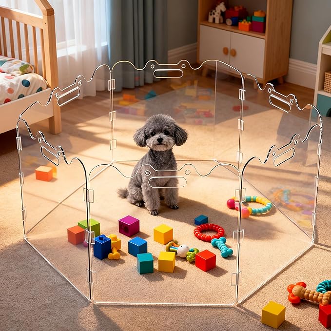 Clear Acrylic Pet Gate - 6 Panel，118" Width White, Indoor/Outdoor Use Foldable FreeStanding Puppy Gates for Dogs & Guinea Pigs, Doorway Stairs Barrier with Transparent Panels