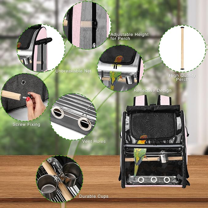 Bird Carrier Bag with Indestructible Stainless Steel Mesh, Bird Travel Cage with Stand, Easy to Clean Backpack for Parrot, Portable Bird Travel Bag, Pink