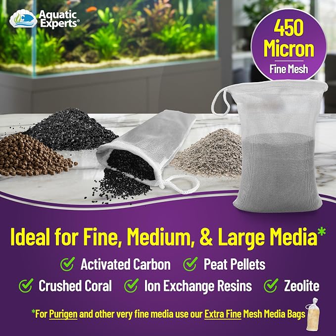Aquatic Experts Fine Aquarium Media Bag, Durable Drawstring Bags for Fish Tank Filters, 450 Micron Mesh, (Fine, 3"x 8" - 8 Pack)