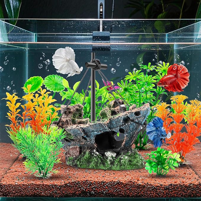 CousDUoBe 8 Pack Fish Tank Decoration Set Aquarium Accessories，Sunken Ship Decoration Aquarium Plants — Safe Resin Fish Tank Decor for Betta, Shrimp (5.3 x 2.5 x 4.5 inches)