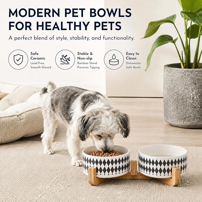 Petygooing Ceramic Dog Cat Bowl Set with Stand,Pet Food and Water Bowl,Small Dog Bowls Anti -Slip Set of 2 Cat Dishes Food Bowls Dish Small Size Pet (13.5OZ/5.1 in) Black Rhombus