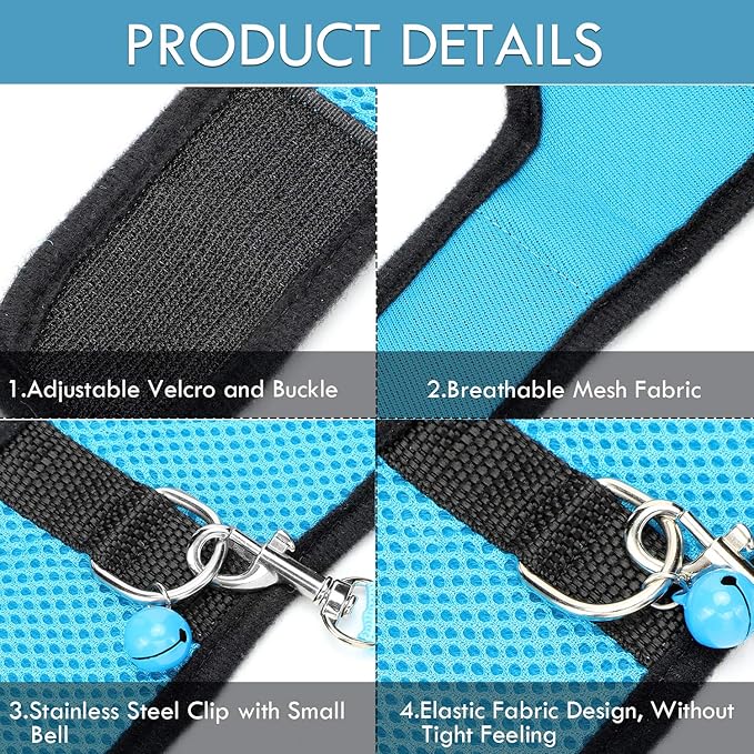 SATINIOR 2 Sets Guinea Pig Harness and Leash Adjustable Soft Mesh Harness Bell No Pulling Comfort Vest for Baby Ferret Rats Hamster Bunny Rabbit Chinchilla and Small Pet(Blue, Black,S)