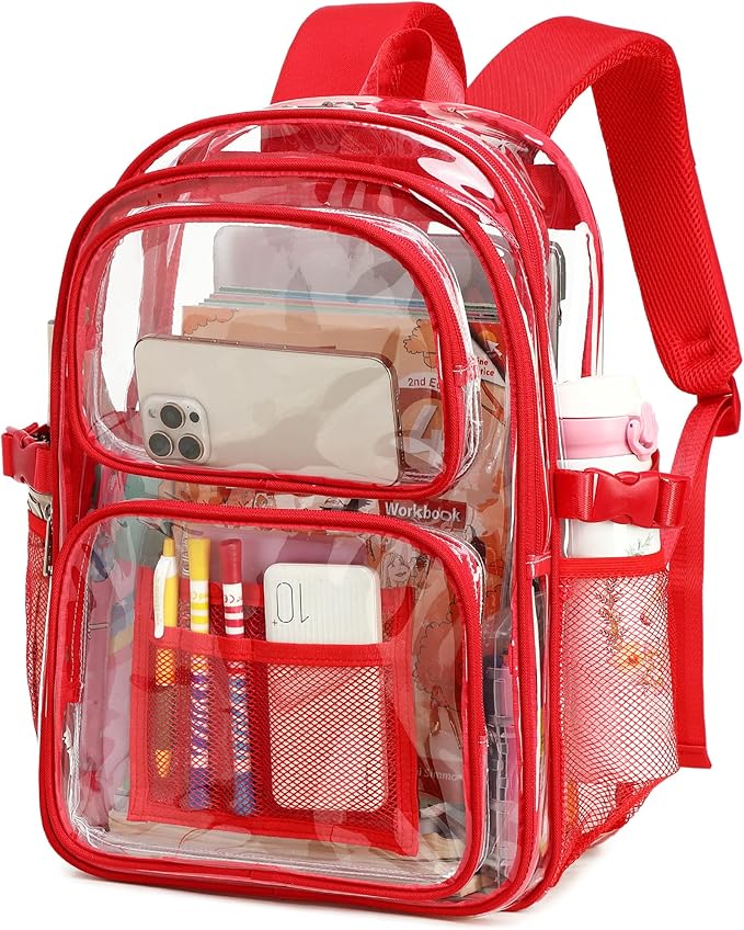 abshoo Large Heavy Duty Clear Backpack For School Bookbag Transparent Multi Pocket Backpacks (Red)