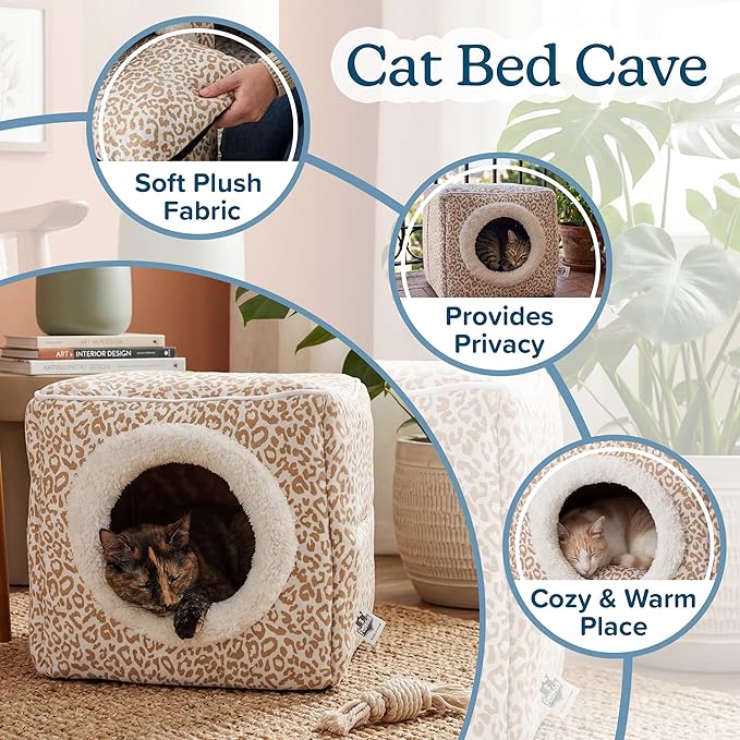 Cat Pet Bed Cave- Indoor Enclosed Covered Cavern/House for Cats Kittens and Small Pets with Removable Cushion Pad by PETMAKER, Tan/White Animal Print 13x12x12