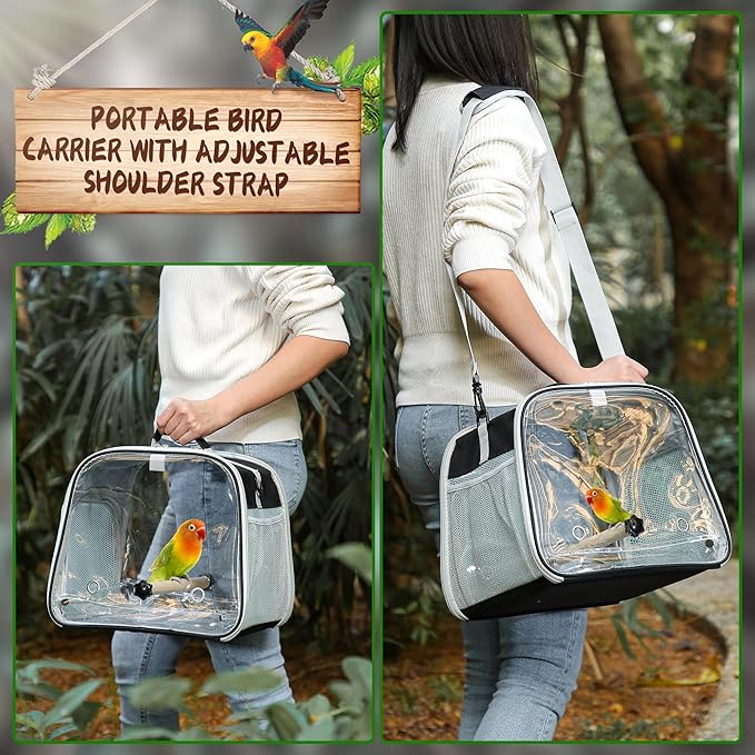 Small Bird Carrier, Large Window Travel Cage with Stand and Easy Clean Tray for Parrot Parakeet Cockatiels, Lightweight and Portable, Black