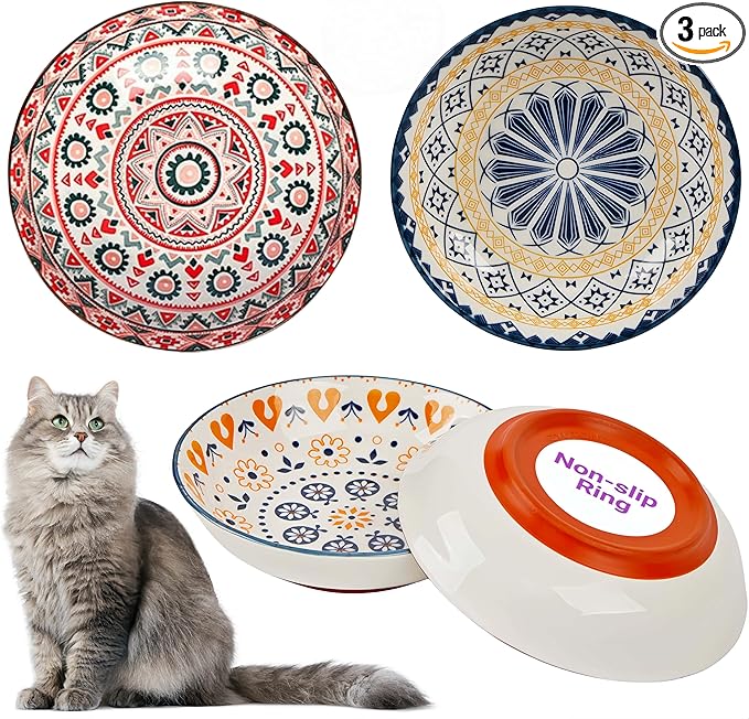 Whisker Fatigue Cat Bowls, Non-Slip Ceramic Cat Food Bowl, Shallow Wide Cats Dishes Whisker Friendly, 3-Pack, 8oz, Boho Pattern, Dishwasher & Microwave Safe