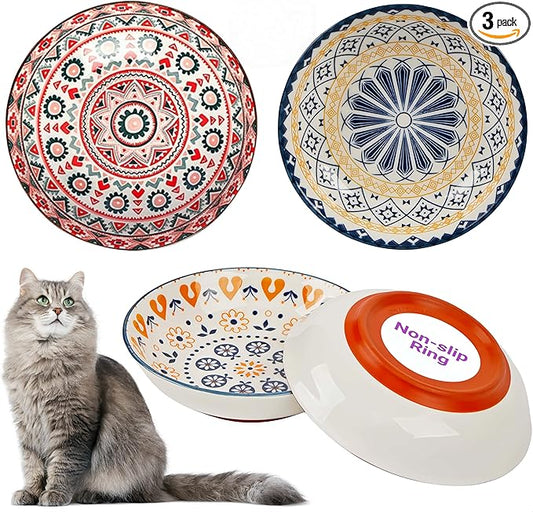 Whisker Fatigue Cat Bowls, Non-Slip Ceramic Cat Food Bowl, Shallow Wide Cats Dishes Whisker Friendly, 3-Pack, 8oz, Boho Pattern, Dishwasher & Microwave Safe
