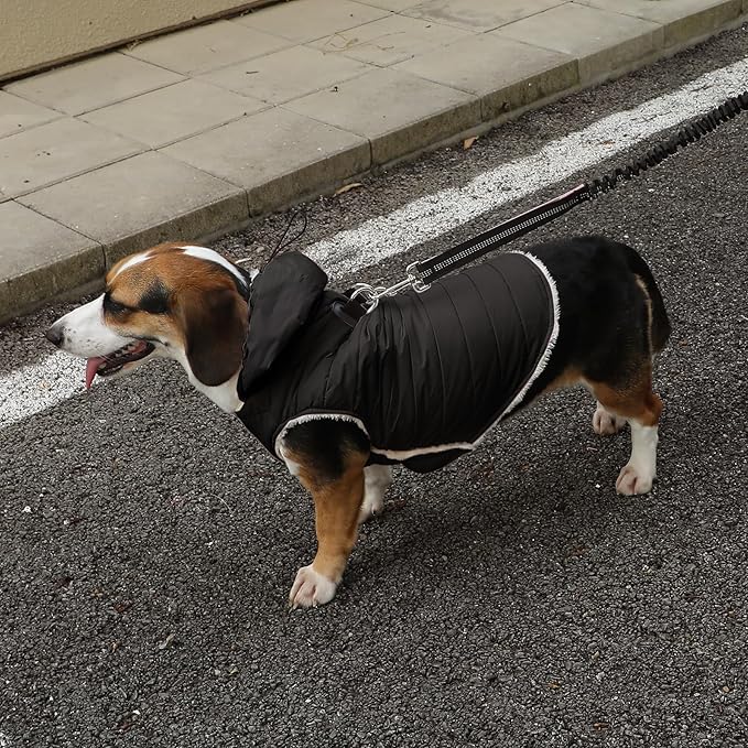 Vecomfy Fleece Lining Dog Hoodie with Harness Built in,Extra Warm Small Dog Jacket in Winter Puppy Coats with Drawstring Hooded,Black S