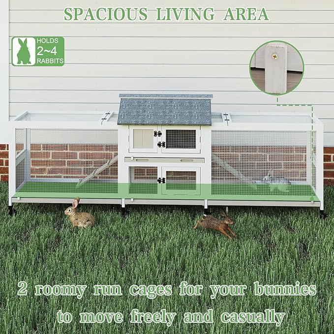 Gowoodhut 2-Story 93.1"L Rabbit Hutch Indoor and Outdoor with 8 Wheels,Wooden Rabbit Cage with 4 Pull Out Leak-Proof Trays for 2-4 Rabbits,Bunny Hutch with Asphalt Roof Bunny Cage with 7 Accesses,Grey