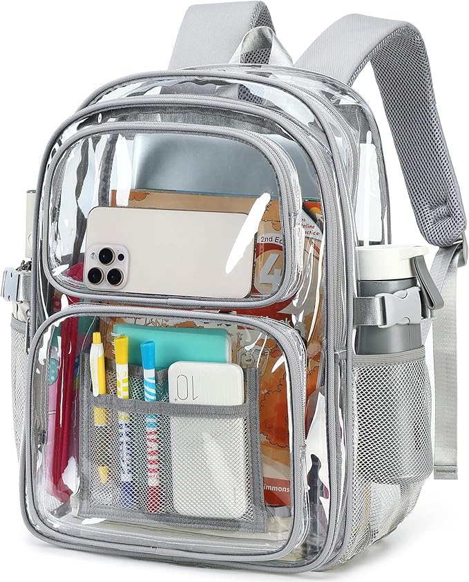 abshoo Large Heavy Duty Clear Backpack For School Bookbag Transparent Multi Pocket Backpacks (Grey)
