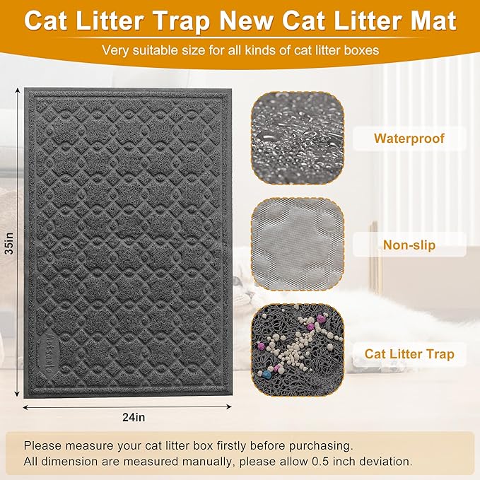 Cat Litter Box Mat, 35" x 24" Large Kitty Litter Trapping Mat Keep Floor Clean, Litter Box Mat Scatter Control, Waterproof, Easy to Clean, Durable Large Size Litter Mats for Floor