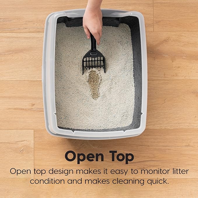IRIS USA Cat Litter Box Large Open Top with High Sided Walls Tall Scatter Shield Scoop Included Easy Clean Plastic Pan Stain Resistant for Cats Kittens Indoor Multi-Cat Households 2-Pack Black