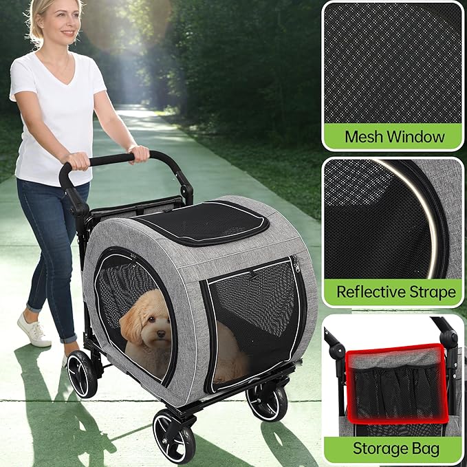 Saudism Pet Stroller for Dogs Cats up to 50 lbs, Foldable Dog Stroller with 360° Swivel Wheels, Detachable Carrier, Adjustable Handle, Travel Dog Stroller for Small Medium Large Pets, Gray