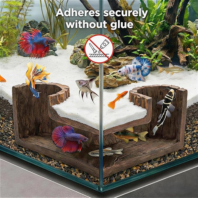 Aquarium Cave - Natural Resin Wood-Like Fish Tank Decorations & Accessories, 5.1" x 2" x 2.7" Safe Betta Hide & Tunnel for Guppy, Neon Tetra, Corydoras Catfish - Stackable Corner Ornament