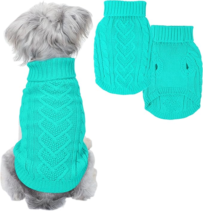 Dog Sweaters Small Dog Clothes for Winter Solid Knitted Puppy Sweater Warm Pet Cat Sweater Doggy Pullover Outfit with Heart-Shape Design(Lake Green, Medium)
