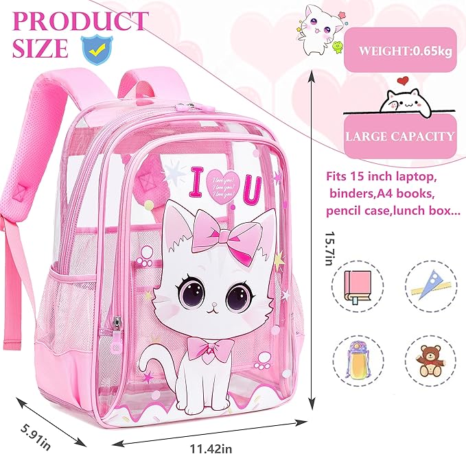AO ALI VICTORY Clear Backpack for School,PVC Transparent Kids Bookbag for Girls Boys Cute Toddler Back Pack Kindergarten Elementary Schoolbag Stadium Approved See Through Backpacks,Pink Cat