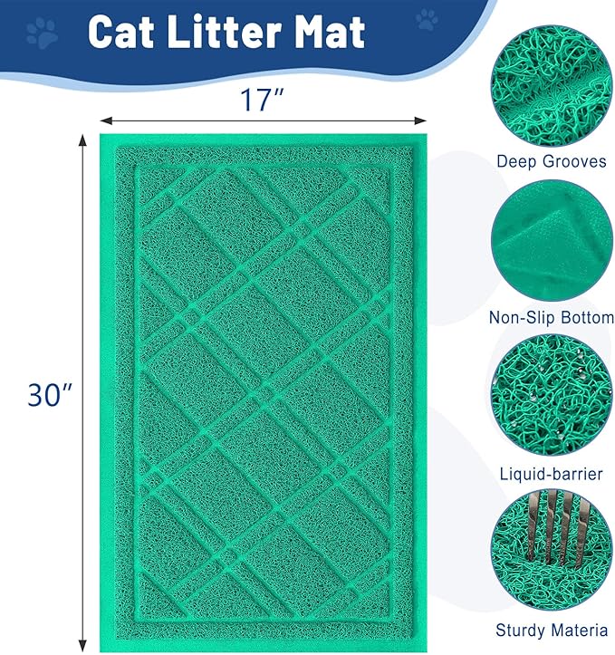 Smiry Cat Litter Box Mat 30x17, Non-Slip Water Resistant Litter Trapping Mat, Easy Clean Less Waste and Urine-Locking Cat Carpet for Indoor, Green