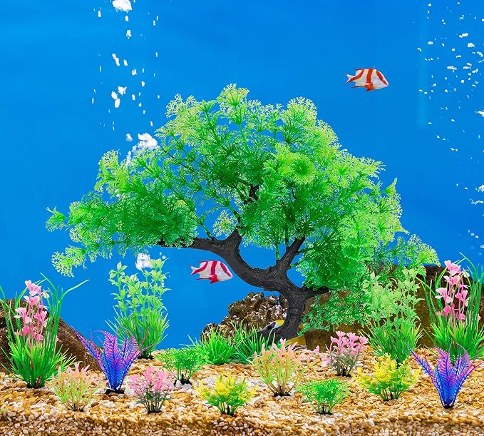 MyLifeUNIT Fish Tank Decorations, 15 Pack Artificial Aquarium Plants Tree Set for Fish Tank Decor (Green Set)