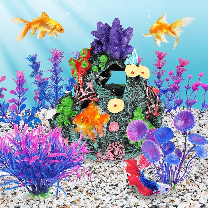 MyLifeUNIT Fish Tank Decorations, 7 Pieces Aquarium Plants Set with Coral Reef Decoration Mountain Cave Ornament for Betta, Goldfish, Shrimp to Breed, Play and Rest (Purple)