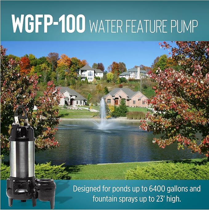 Little Giant WGFP-100, 115V, 1 HP, 6400 GPH Water Feature Pump, 19' cord | Stainless steel and cast iron body for powering water features, large fountains and pond filtration systems, 566070