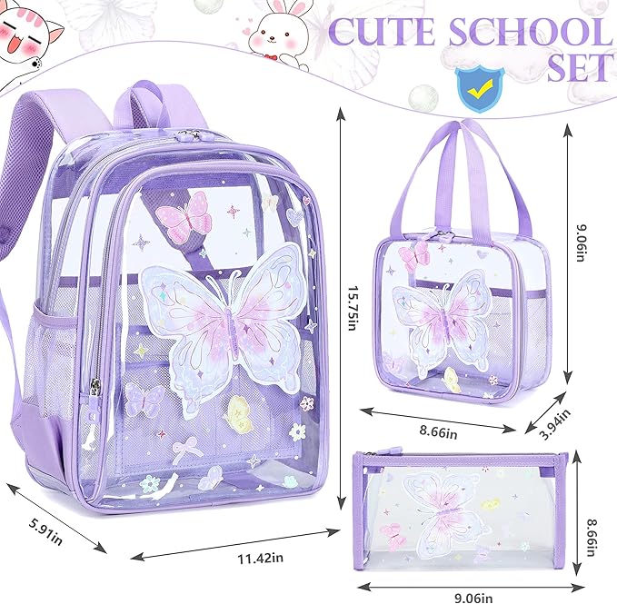AO ALI VICTORY Clear Backpack for Boys Girls, Kids Backpack Set with Lunch Box Pencil Bag PVC Elementary Laptop Bookbag for School Students See Through Transparent Travel Back Pack, Purple Butterfly