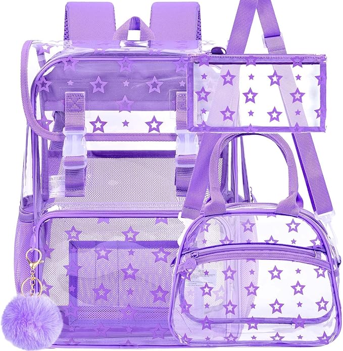 17" Clear Backpack for Girls - 3Pcs Flip Design Stadium Approved Set, Campus/Travel Transparent Bookbag (Purple)