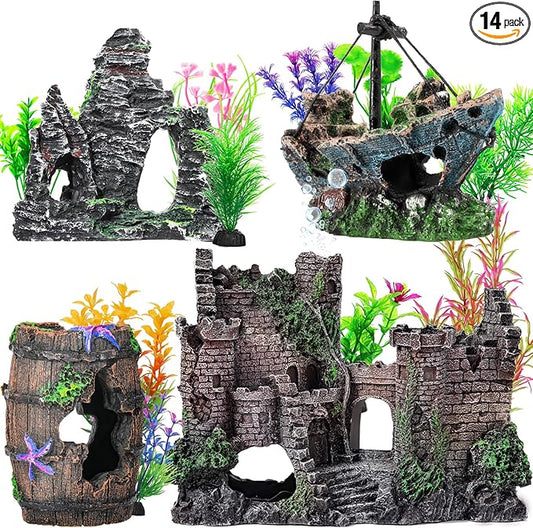 CousDUoBe 14 Pcs Aquarium Decorations Large Kit，Castle Fish Tank Bubbler Decorations，Starfish Barrel, Resin Cave Rock,Resin Material Sunken Ship,Aquarium Plants Large Fish Bowl Ornaments