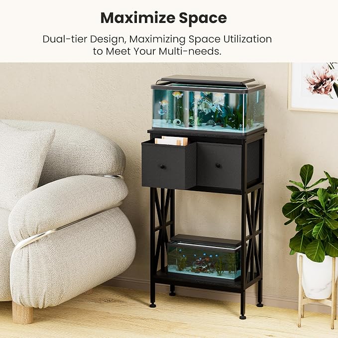 TRZZ Fish Tank Stand for 5-10 Gal, Heavy Duty Cabinet, Black, 20.47"x11.02" | Dual-Tiered Cabinet, Accessory Storage, Viewing Experience, Home & Office, Aquarium Stand