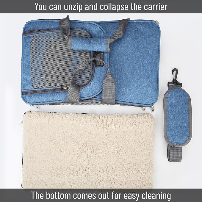 Mr. Pen- Pet Carrier, 17.5" x 11.2" x 11.5", Medium Size, Blue, Portable Travel Carrier for Small Pets, Cats & Small Dogs, Breathable Mesh, Safety Inner Leash, Side Pocket & Padded Shoulder Strap