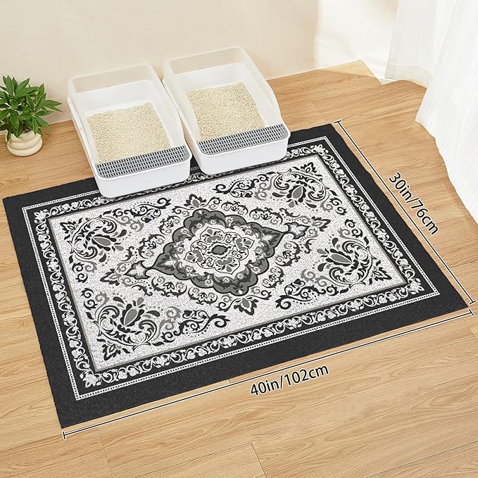 Unicorn Catcher Cat Litter Mat 40" x 30" Non-Slip Litter Box Mat Washable Litter Catcher Mat for Litter Box Indoor Food Mat Supplies Essentials, Black