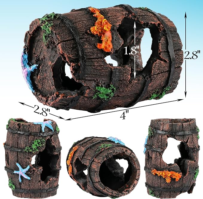 MyLifeUNIT Fish Tank Decor, 2 Pack Artificial Aquarium Coral Reef Rock Decorations for Betta, Goldfish to Breed, Play, Hide and Rest (Coral Reef Mountain+Starfish Wooden Barrel)