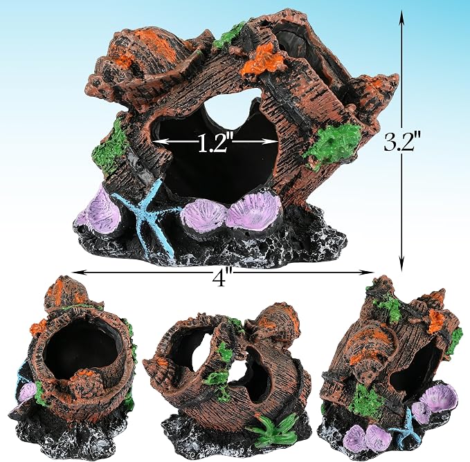 MyLifeUNIT Fish Tank Decor, 2 Pack Artificial Aquarium Coral Reef Rock Decorations for Betta, Goldfish to Breed, Play, Hide and Rest (Coral Reef Mountain+Seashell Wooden Barrel)