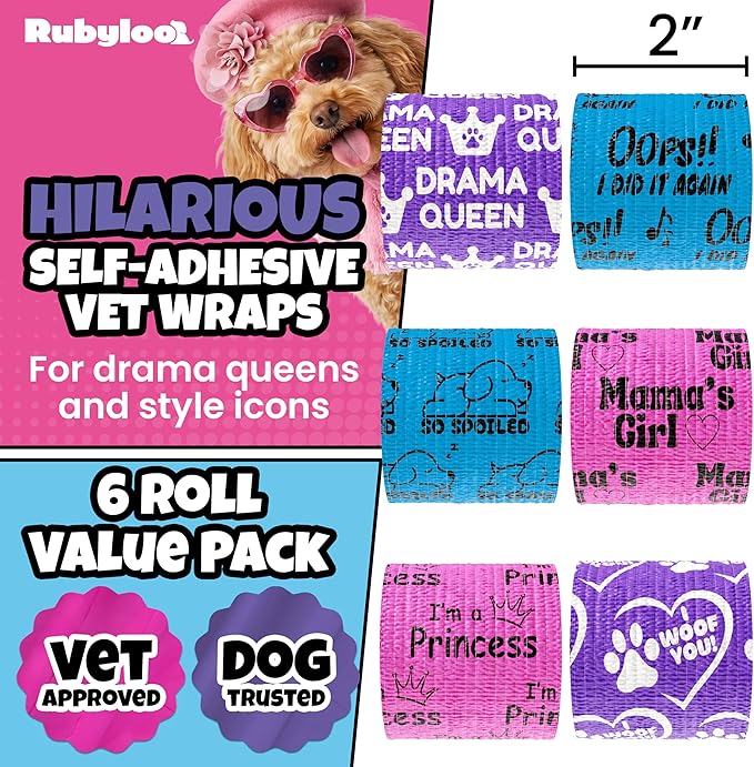 Vet Wrap for Dogs – Funny Dog Bandage for Wounds – Girls 6 Pack 2" Self-Adhesive Vet Tape – Breathable Pet Wrap Bandage for Hot Spots & Injuries – Dog First Aid Kit Supplies – Oops Wraps by Rubyloo